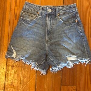 PAIGE Blue Frayed Hem Jean Shorts